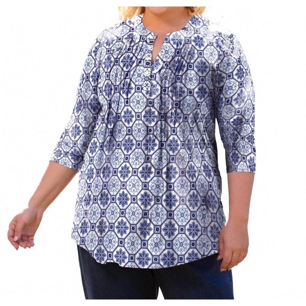 NEW ON THE PLUS SIDE printed pleated 3/4 sleeve mandarin collar tunic top in blu